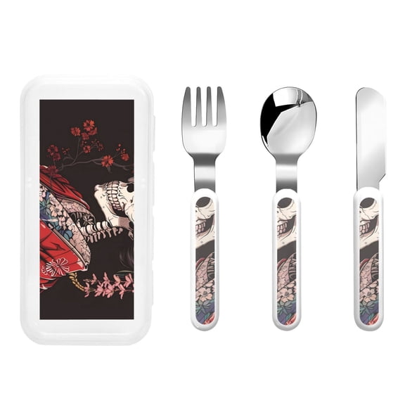 Easygdp Geisha Skeleton With Flowers 3-Piece Flatware Set Kids Silverware, Stainless Steel Toddler Kids Utensils Safe for Preschooler Children