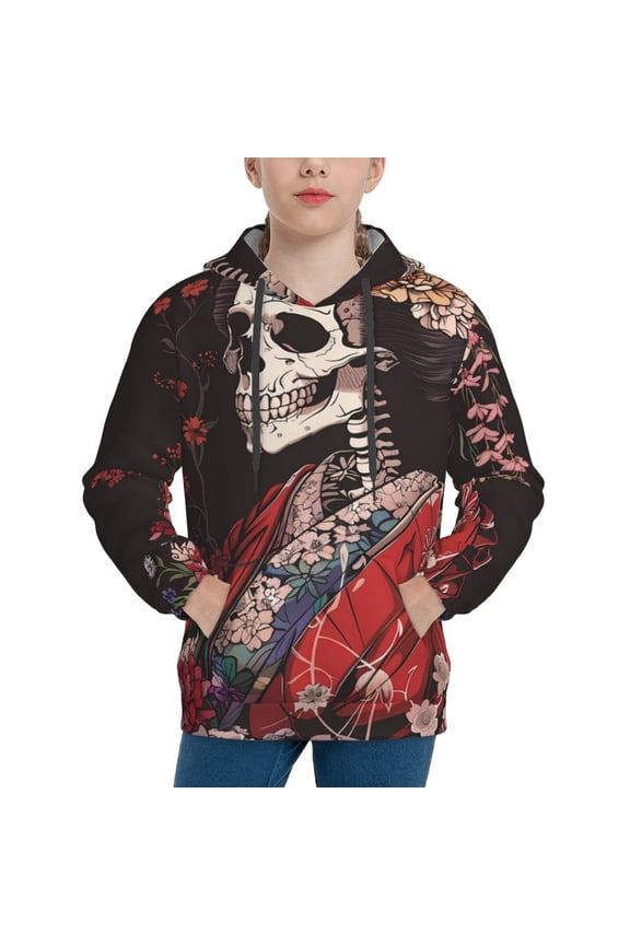 Geisha Skeleton With Flowers Boys Hoodie Kids Sweatshirt Youth Pullover With Hood-Small