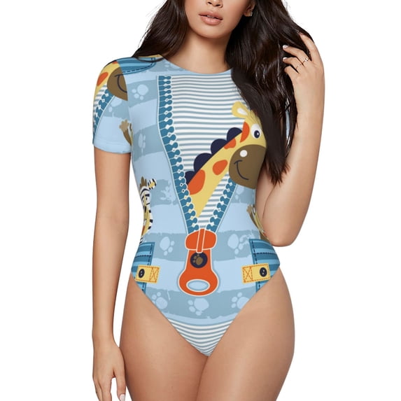 Easygdp Giraffe Come Out From Zipper Women's One-Piece Swimsuit Slim Fit Crew Neck Bodysuit Athletic Swimwear with Concealed Buckle - Medium