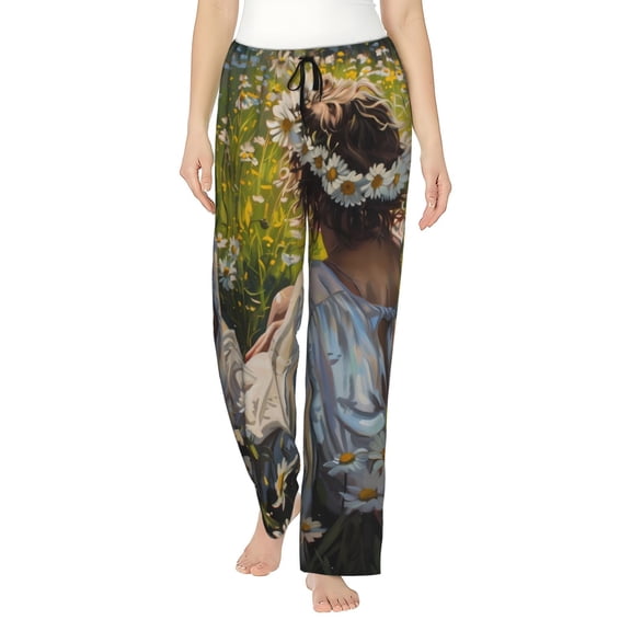 Easygdp Girl In Field Of Daisies Women's Drawstring Pajama Pants | Lounge Joggers Sweatpants | Comfy Sleepwear | Yoga Pants-Medium