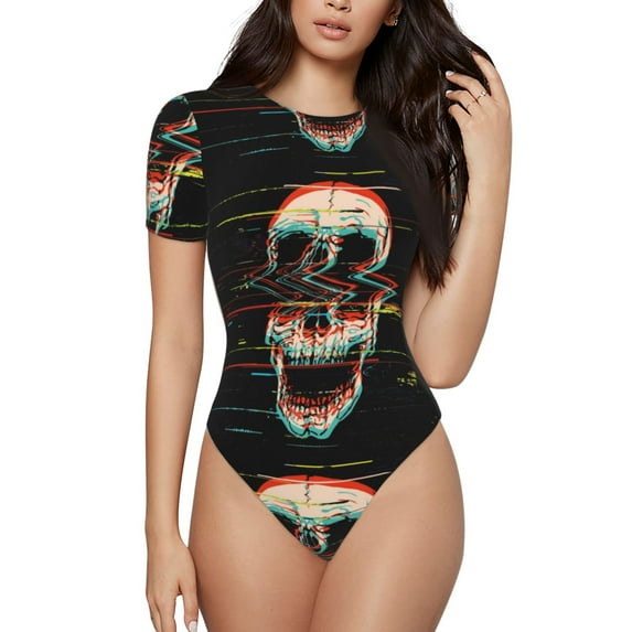 Easygdp Glitch Screaming Skull Women's One-Piece Swimsuit Slim Fit Crew Neck Bodysuit Athletic Swimwear with Concealed Buckle - Small