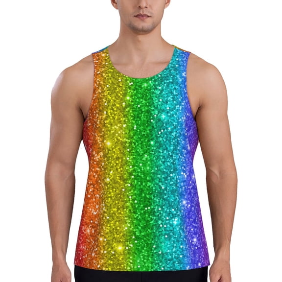 Easygdp Glitter Rainbow Men's Tank Top, Sleeveless Muscle T Shirts, Breathable, Quick-Dry, Loose for Gym, Running, Fitness - XX-Large