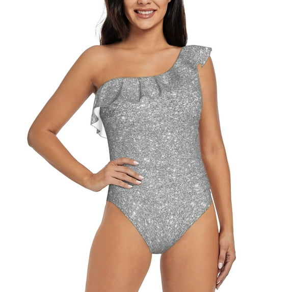 Easygdp GlitterSilver Women's One Shoulder Ruffle Monokini Bathing Suits with Removable Chest Pad, Quick Drying - X-Large