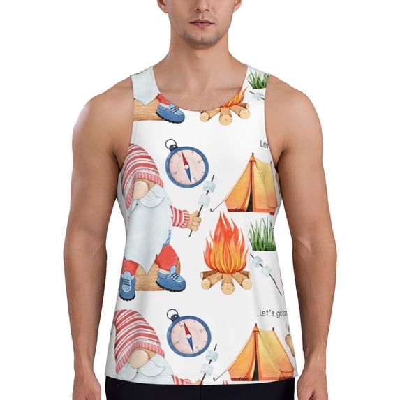 Easygdp Gnome Camping Men's Tank Top, Sleeveless Muscle T Shirts, Breathable, Quick-Dry, Loose for Gym, Running, Fitness - X-Large