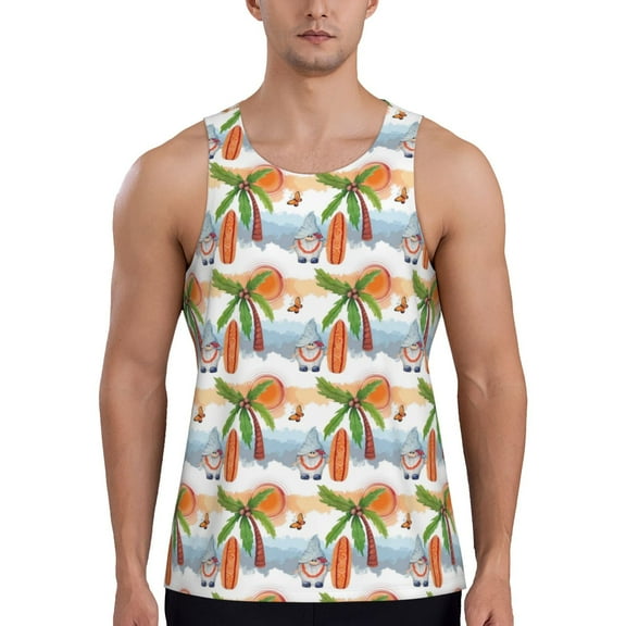 Easygdp Gnome and Surfing Men's Tank Top, Sleeveless Muscle T Shirts, Breathable, Quick-Dry, Loose for Gym, Running, Fitness - Small