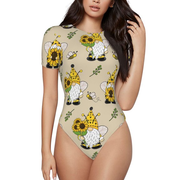 Easygdp Gnomes Bees And Sunflowers Women's One-Piece Swimsuit Slim Fit Crew Neck Bodysuit Athletic Swimwear with Concealed Buckle - Small