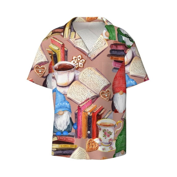 Easygdp Gnomes Books Tea Cups Men's Casual Short-sleeved Shirt with Pocket and Button Suitable for Beach Vacation Leisure - Large