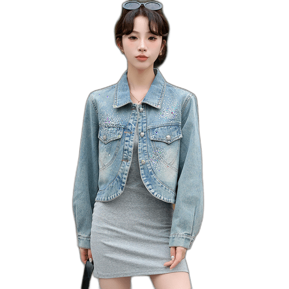 Spring and Autumn Women's Beaded Short Denim Jacket Denim Blue L