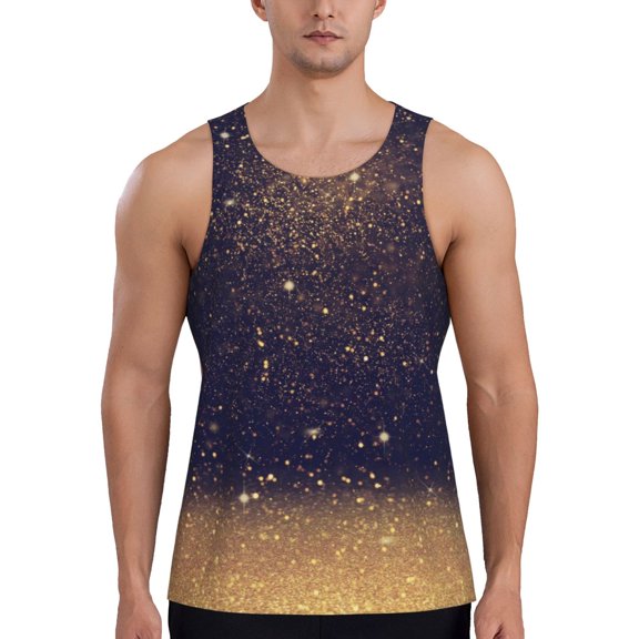 Easygdp Gold Black Glitter Men's Tank Top, Sleeveless Muscle T Shirts, Breathable, Quick-Dry, Loose for Gym, Running, Fitness - XX-Large
