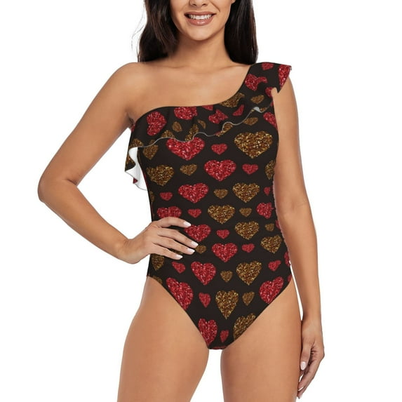 Easygdp Gold Glitter Heart Women's One Shoulder Ruffle Monokini Bathing Suits with Removable Chest Pad, Quick Drying - XX-Large