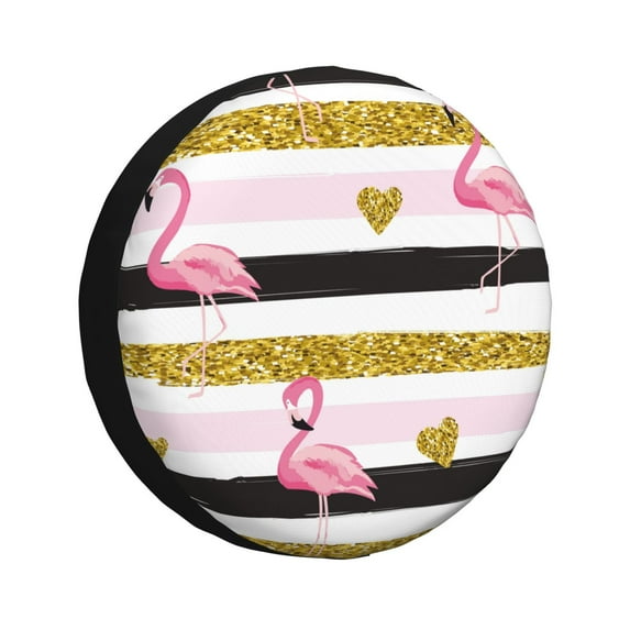 Easygdp Gold Glittering Hearts And Flamingos Wheel Sun Guard, Spare Tire Cover,Universal Trailer Suv Truck Camper Travel,Easy To Install And Remove -14 Inch