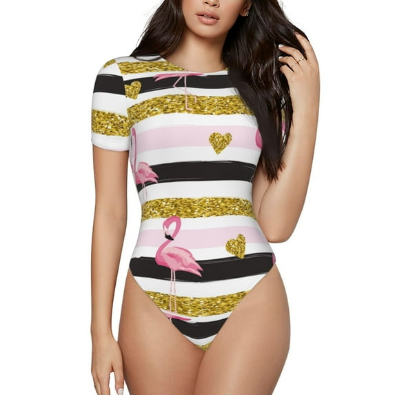 Easygdp Gold Glittering Hearts And Flamingos Women'S Waist-Cinching Short-Sleeved Onesie, Olastic Onesiet,Snaps At Bottom,Easy To Put On And Take Off - Small