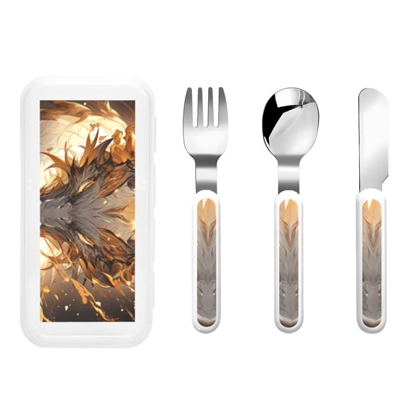 Easygdp Golden Horned White Dragon 3-Piece Flatware Set Kids Silverware, Stainless Steel Toddler Kids Utensils Safe for Preschooler Children
