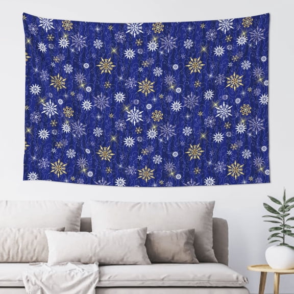 Easygdp Golden Snowflakes Royal Blue Tapestry Wall Hanging, Wall Tapestries for Bedroom Aesthetic Living Room Office Decor 60x40in