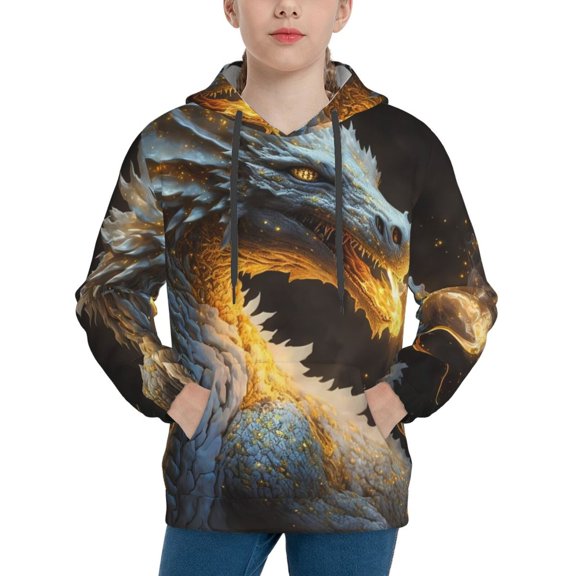 Easygdp Golden White Fire Dragon Boys Hoodie Kids Sweatshirt Youth Pullover With Hood-Medium