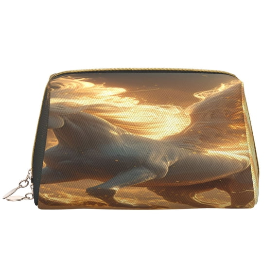 Easygdp Golden Winged White Horse Leather Makeup Bag Zipper Pouch Travel Cosmetic Organizer for Women and Girls, Make up Bag with Zipper