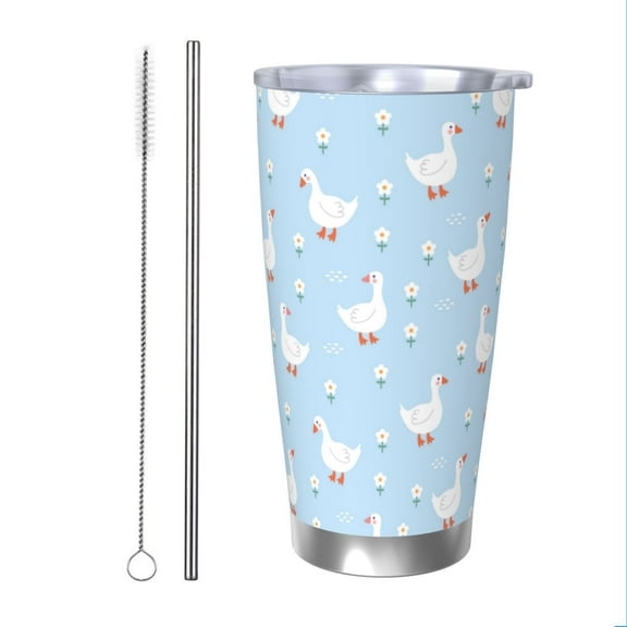 Easygdp Goose White Flowers 20oz Stainless Steel Vacuum Insulated Double Wall Travel Tumbler, Durable Insulated Coffee Mug with Spillproof Lid-Straw Two-piece Set