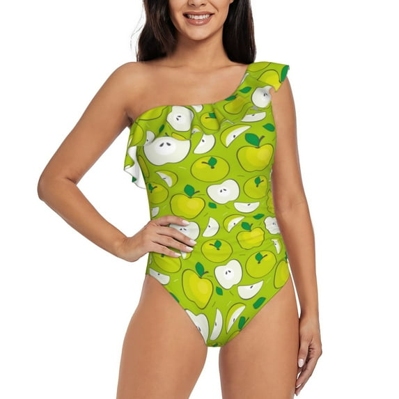 Easygdp Green Apple Women's One Shoulder Ruffle Monokini Bathing Suits with Removable Chest Pad, Quick Drying - Medium