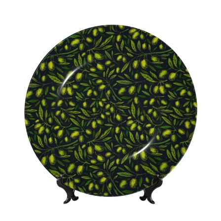 Easygdp Green Branch Olive Bone China Decorative Plate Ceramic Dinner Plates Art Crafts with Display Stand-6in