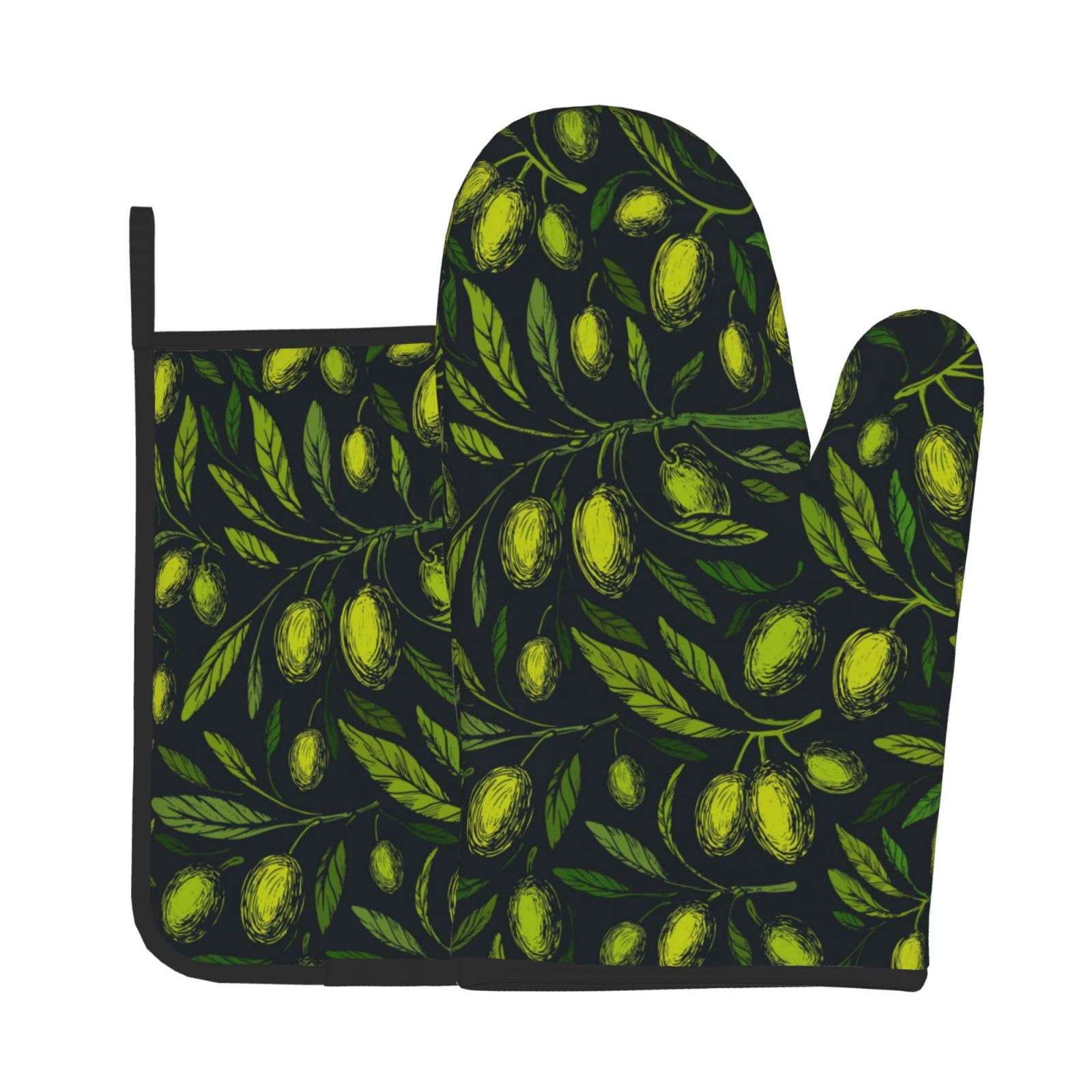 Easygdp Green Branch Olive Oven Mitts and Pot Holders 2 pcs Set,High Heat Resistant Kitchen Oven Glove for Baking and Cooking