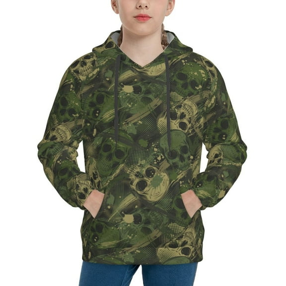 Easygdp Green Camouflage Skull Boys Hoodie Kids Sweatshirt Youth Pullover With Hood-Small
