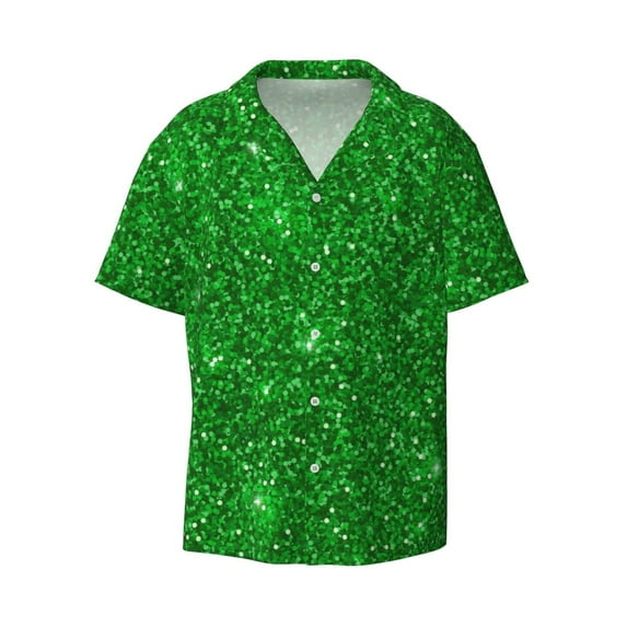 Easygdp Green Glitter Men's Casual Short-sleeved Shirt with Pocket and Button Suitable for Beach Vacation Leisure - Medium