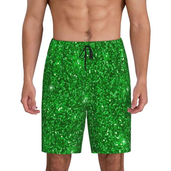 Easygdp Green Glitter Men's Short Pajama Pants, Sleep Shorts, Household Pants, Casual Pants with Pockets - 3X-Large