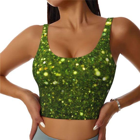Easygdp Green Glitter Sparkle Seamless Sports Bra for Women, High Impact Yoga Exercise Athletic Bras - Available in Various Sizes-Medium