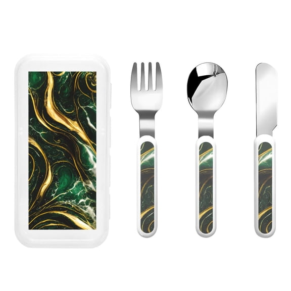 Easygdp Green Marble 3-Piece Flatware Set Kids Silverware, Stainless Steel Toddler Kids Utensils Safe for Preschooler Children