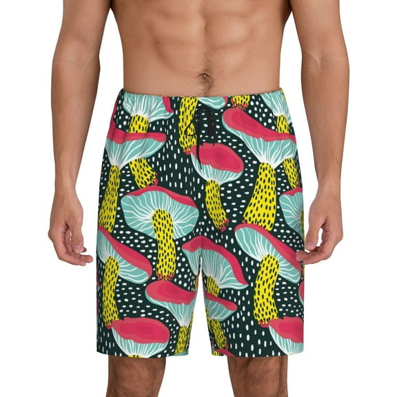 Easygdp Green Mushroom Men's Short Pajama Pants, Sleep Shorts, Household Pants, Casual Pants with Pockets - Medium
