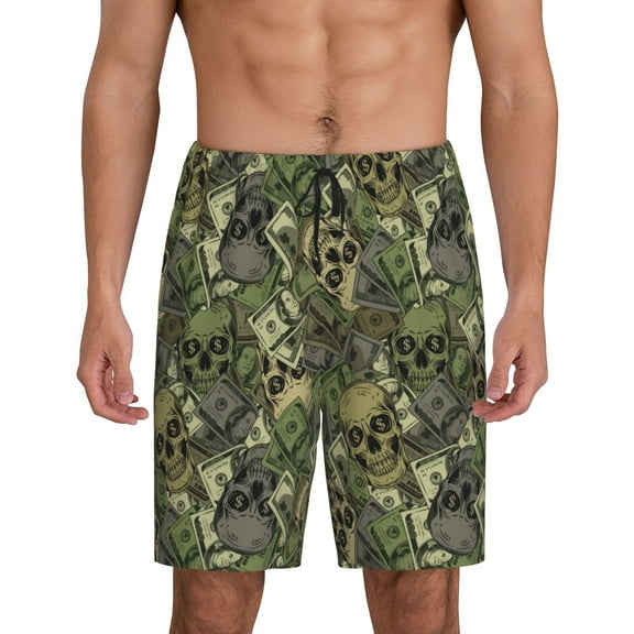 Easygdp Green Skulls Men's Short Pajama Pants, Sleep Shorts, Household Pants, Casual Pants with Pockets - XX-Large