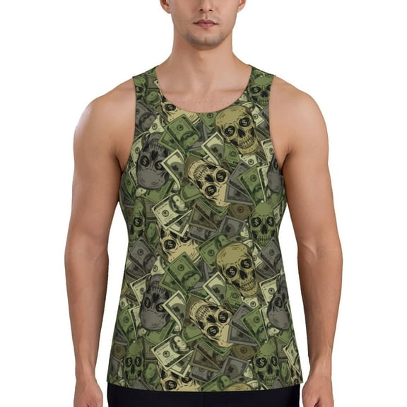 Easygdp Green Skulls Men's Tank Top, Sleeveless Muscle T Shirts, Breathable, Quick-Dry, Loose for Gym, Running, Fitness - 3X-Large