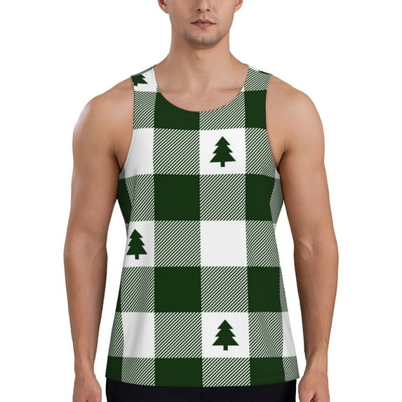 Easygdp Green White Lumberjack Plaid Men's Tank Top, Sleeveless Muscle T Shirts, Breathable, Quick-Dry, Loose for Gym, Running, Fitness - X-Large