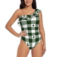 thumbnail image 1 of Easygdp Green White Lumberjack Plaid Women's One Shoulder Ruffle Monokini Bathing Suits with Removable Chest Pad, Quick Drying - Medium, 1 of 8