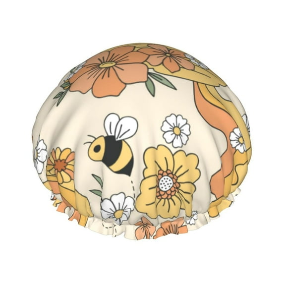 Easygdp Groovy Floral Shower Caps for Women, Double Waterproof Layers Shower Cap, Quick Drying Bath Hair Cap Reusable