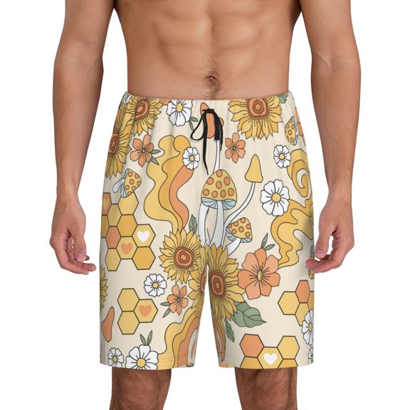 Easygdp Groovy Hippie Flower Mushrooms Men's Short Pajama Pants, Sleep Shorts, Household Pants, Casual Pants with Pockets - Medium