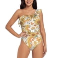 thumbnail image 1 of Easygdp Groovy Hippie Flower Mushrooms Women's One Shoulder Ruffle Monokini Bathing Suits with Removable Chest Pad, Quick Drying - Large, 1 of 8