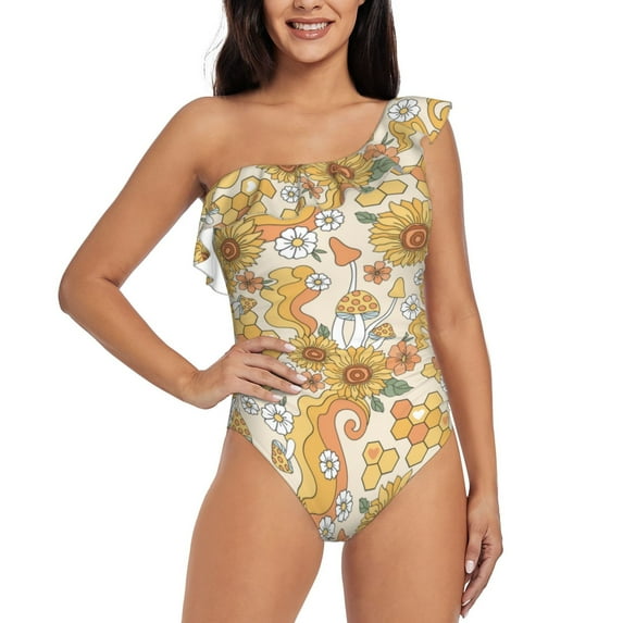 Easygdp Groovy Hippie Flower Mushrooms Women's One Shoulder Ruffle Monokini Bathing Suits with Removable Chest Pad, Quick Drying - Large