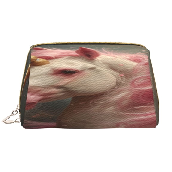 Easygdp Haired White Horse Leather Makeup Bag Zipper Pouch Travel Cosmetic Organizer for Women and Girls, Make up Bag with Zipper