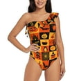 thumbnail image 1 of Easygdp Halloween Banner Symbols Women's One Shoulder Ruffle Monokini Bathing Suits with Removable Chest Pad, Quick Drying - Small, 1 of 8