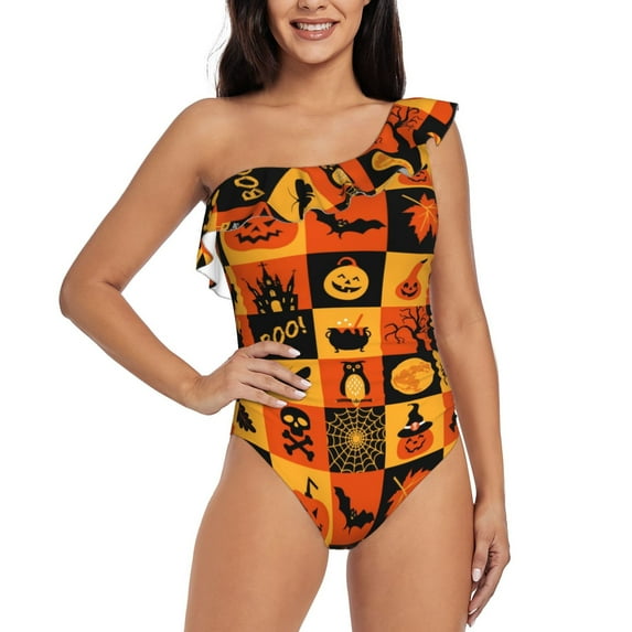 Easygdp Halloween Banner Symbols Women's One Shoulder Ruffle Monokini Bathing Suits with Removable Chest Pad, Quick Drying - Small