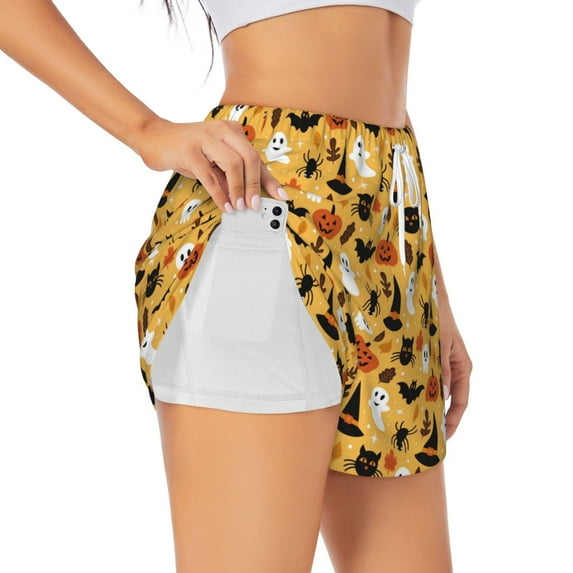 Easygdp Halloween Ghost Pumpkin for Women's Athletic Shorts - High-Waist, Quick-Dry Workout Shorts with Pockets, Ideal for Running, Yoga, and Training-Medium