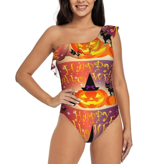 Easygdp Halloween Women's One Shoulder Ruffle Monokini Bathing Suits with Removable Chest Pad, Quick Drying - Large