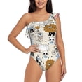 thumbnail image 1 of Easygdp Hand Drawn Animals Women's One Shoulder Ruffle Monokini Bathing Suits with Removable Chest Pad, Quick Drying - Small, 1 of 8