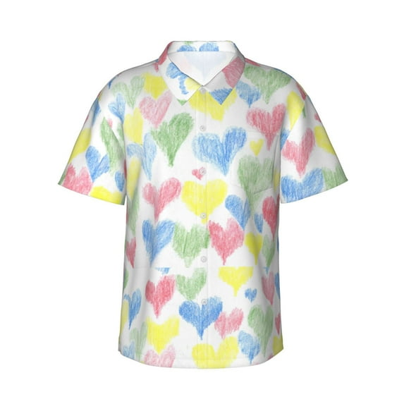 Easygdp Hand Drawn Colored Hearts Men'S Summer Casual Short Sleeve,Short Sleeve Button-Down Shirt, Lapel Loose Breathable Hawaiian Short Sleeve - Medium