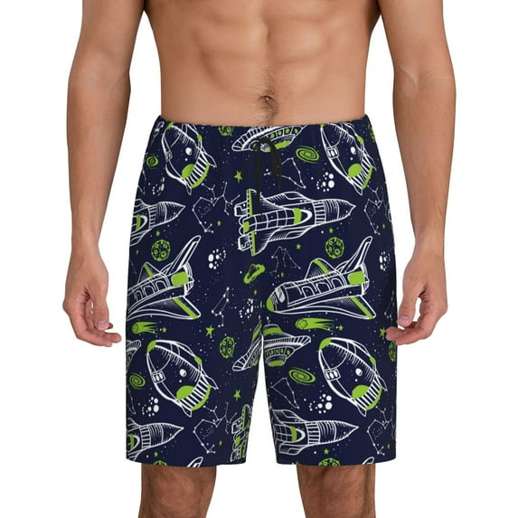 Easygdp Hand Drawn Rockets Men's Short Pajama Pants, Sleep Shorts, Household Pants, Casual Pants with Pockets - Small