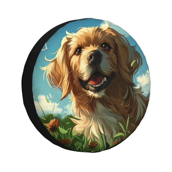 Easygdp Happy Dog In Flower Field Wheel Cover,Spare Tire Cover,4-17in Spare Tire Cover Universal Fit for Trailer, Car, Truck, SUV, Jeep-17 inch