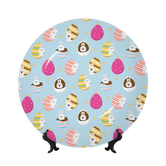 Easygdp Happy Easter Bone China Decorative Plate Ceramic Dinner Plates Art Crafts with Display Stand-10in