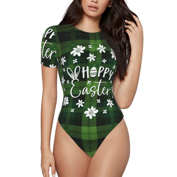 Easygdp Happy Easter Women's One-Piece Swimsuit Slim Fit Crew Neck Bodysuit Athletic Swimwear with Concealed Buckle - Small
