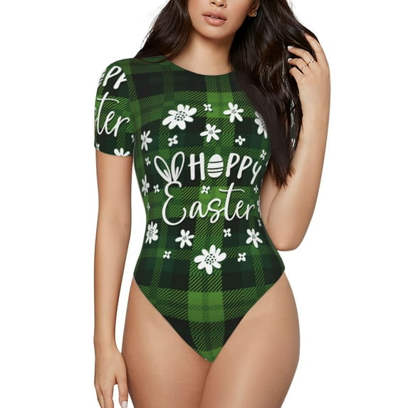 Easygdp Happy Easter Women's One-Piece Swimsuit Slim Fit Crew Neck Bodysuit Athletic Swimwear with Concealed Buckle - Small